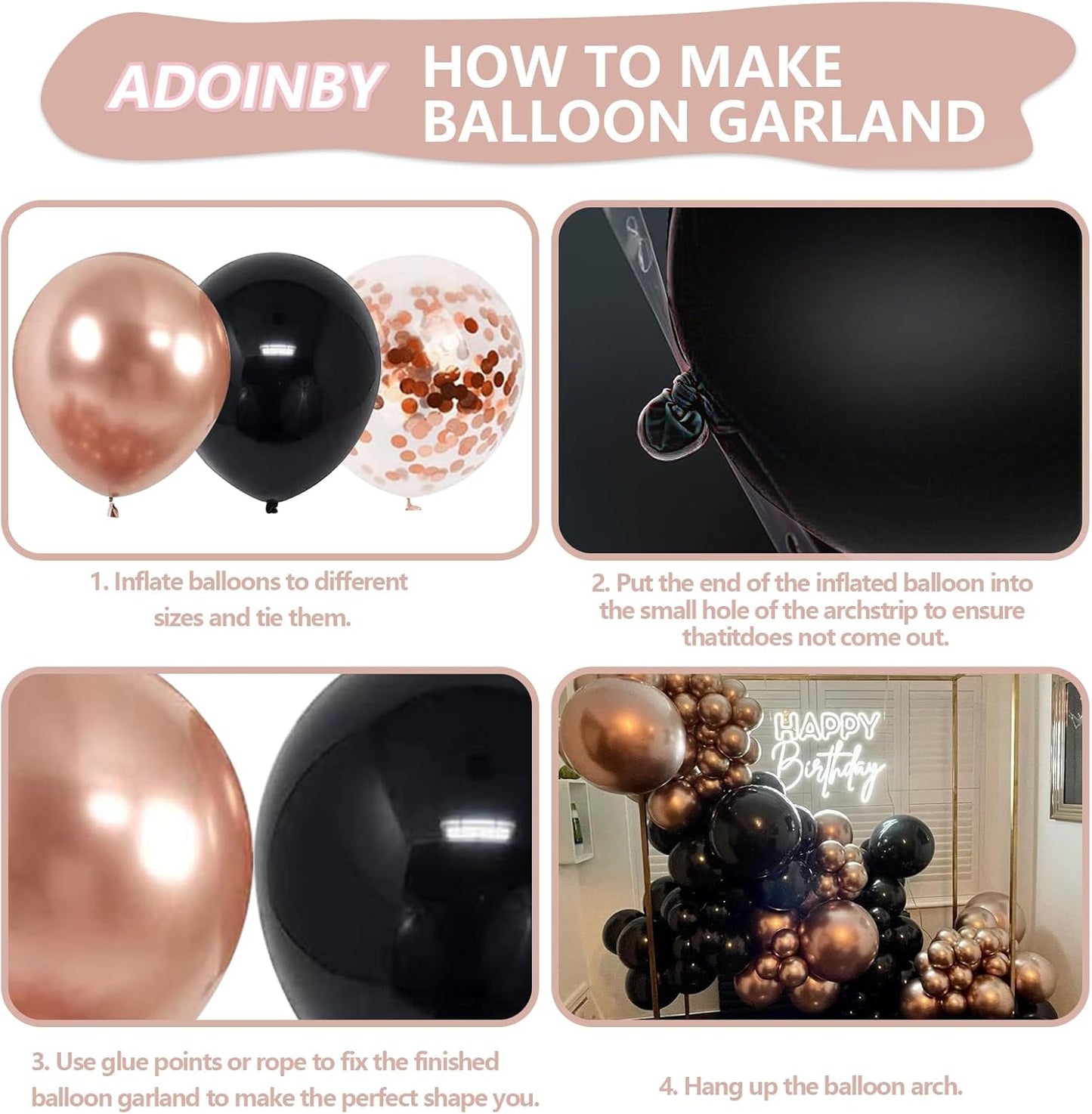 Rose Gold and Black Balloon Arch Kit, ADOINBY 140Pcs Metallic Rose Gold Black Balloon 18 12 10 5 Inch Different Size Balloons for Birthday Party Bridal Shower Wedding Engagement Anniversary Decoration