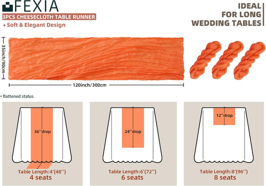 FEXIA 3 Pack Orange Fall Table Runner 35x120 Inches for Baby Shower Decoration Gauze Rustic Table Runner for Wedding Party First Communion Centerpiece Engagement Bridal Shower Boho Decoration