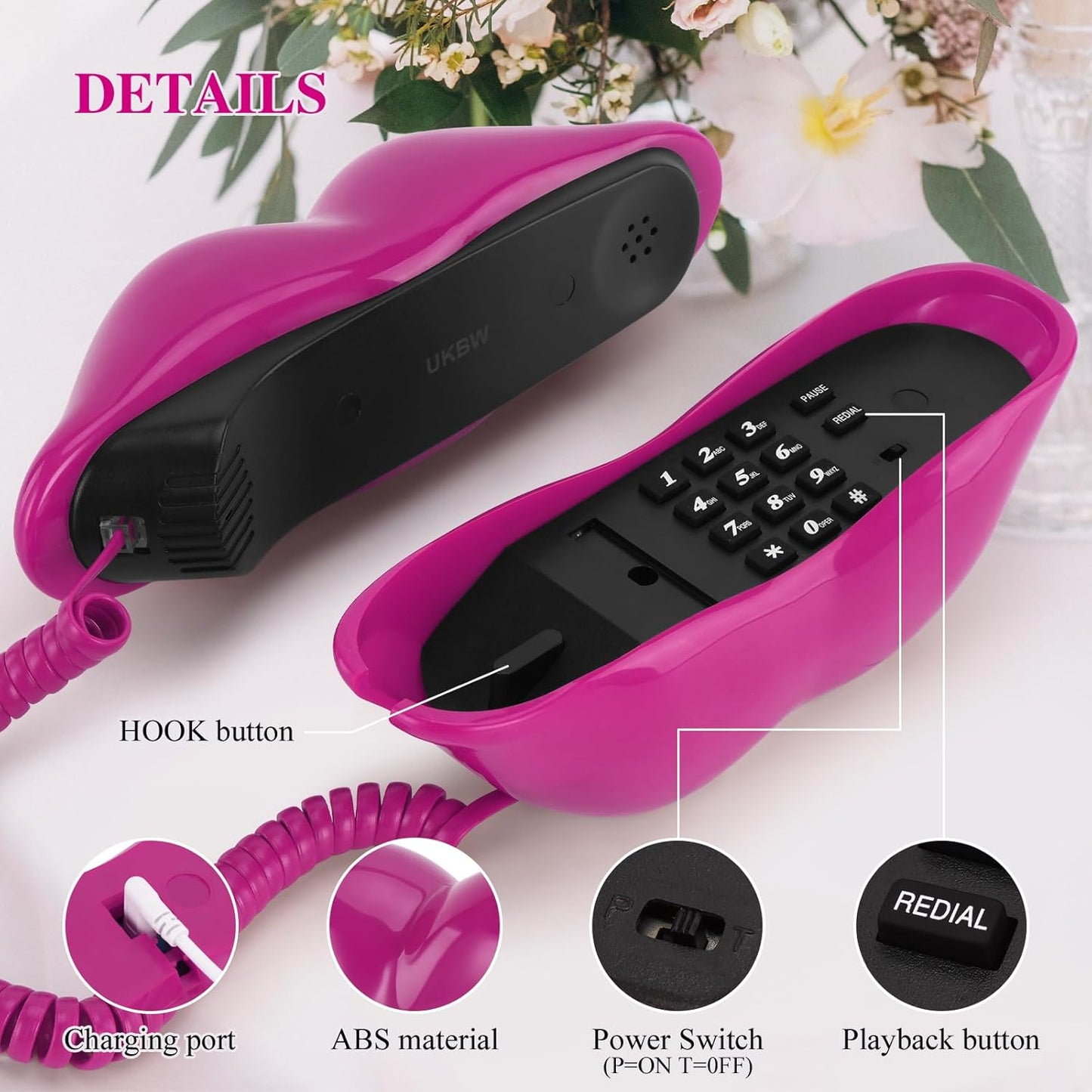 UKBW Audio Guest Book Wedding Phone, 32G Record Customized Audio Message,Interesting Mouth Lip-Shaped Audio Guestbook for Birthdays Parties Confessions Special Occasions (Rose Red)