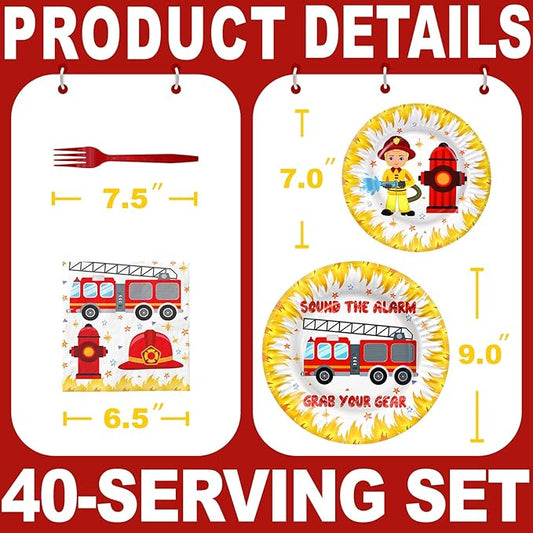 Firetruck Party Decorations - Firefighter Party Plates and Napkins for Kids, Serves 40 Guests