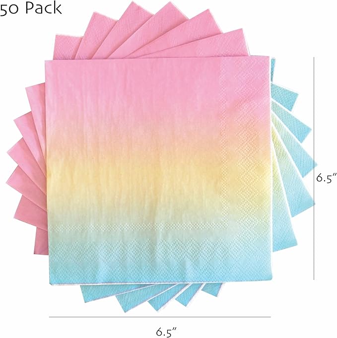 Party Paper Napkins - 50 Pack Pastel Birthday Disposable Paper Napkins with on Pink Yellow Blue Ombre Gradient for Cocktail Party Supplies - 6.5" x 6.5" inches (Any Occasion)