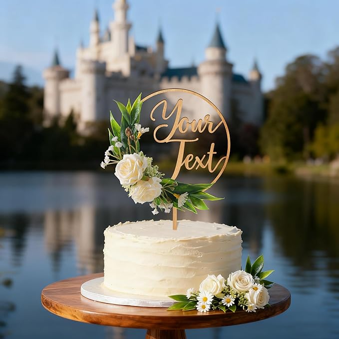 CustomText Wedding Cake Topper with 3D Artificial Flowers and Green Leaves Personalized Your Text Birthday Cake Decoration (Oak Finish)