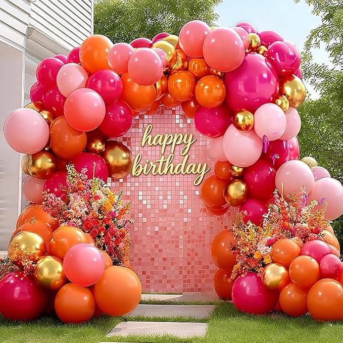 Pink Orange Balloon Garland, Double Stuffed Hot Pink Dark Magenta Balloon Arch Kit Metallic Gold Latex Balloons for Mother's Day Birthday Wedding Baby Shower Tropical Party Decorations