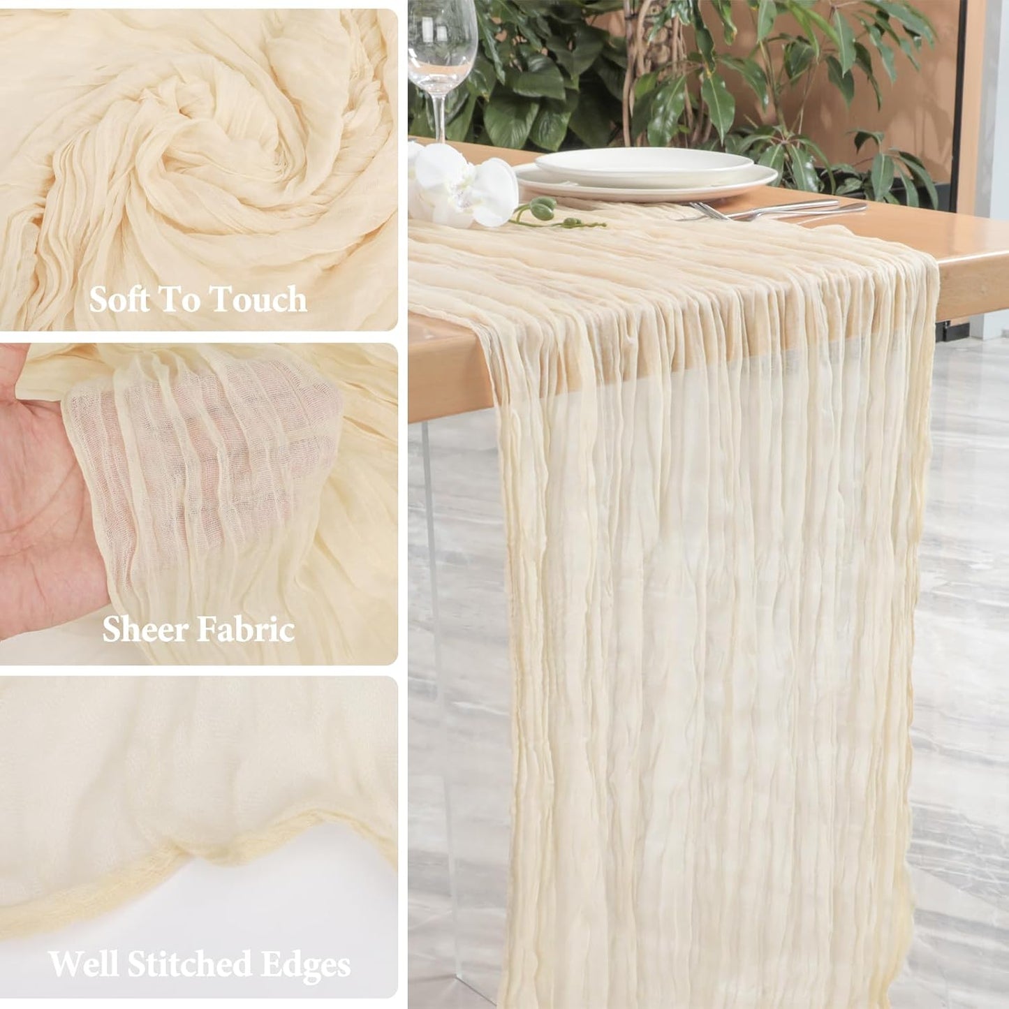 NESCCI 2 PCS Beige Table Runner,Rustic Boho Cheesecloth Table Runner,35x120 Inches Beige Runners for Tables, Pefect for Mothers Day Wedding Baby Shower Birthday Party Home Decorations
