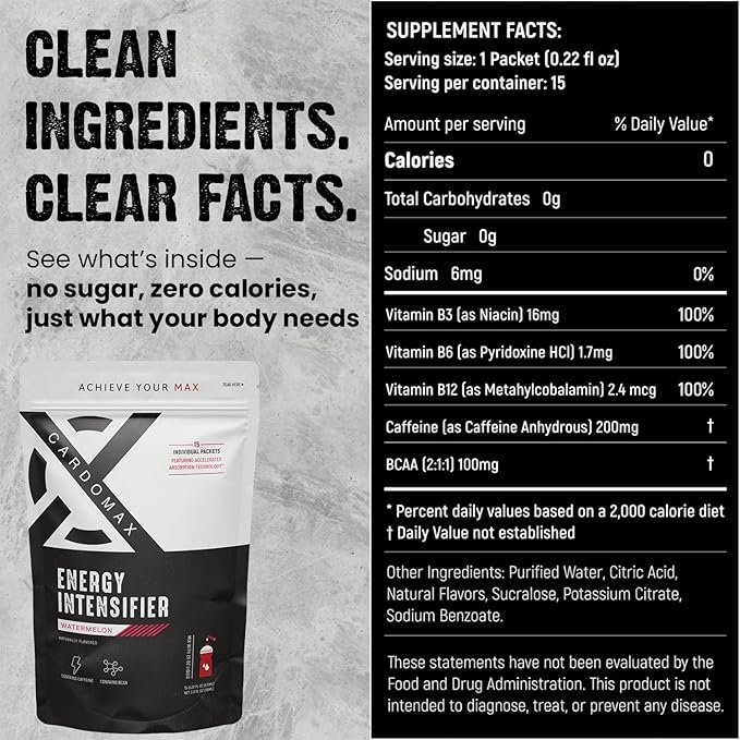 CardoMax - Energy Drink Packets - Liquid Preworkout for Men & Women Caffeine Packets with BCAA, Vitamin B12, Vitamin B6 & B3 - Sugar-Free, Zero Calorie, Vegan & Keto - 15 Stick Packs - Watermelon