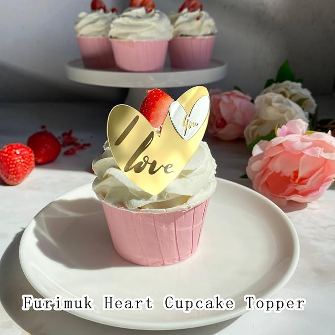 24 Pcs Love Heart Acrylic Cupcake Topper Cake Decoration Disc Mirror Acrylic Cake Topper Engraved Personalized Cake Topper for Valentine's Day Wedding Mother's Day (24, Gold)