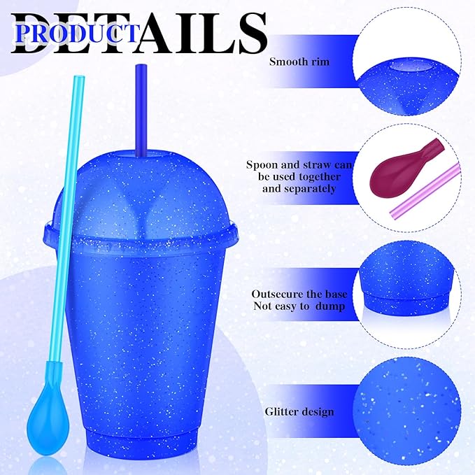 6 Set Slushie Cups with Dome Lids and Straws Detachable Spoon Straws Reusable Plastic Iced Coffee Cups Smoothie Tumbler for Birthdays Summer Party Supplies(Blue,16 oz)