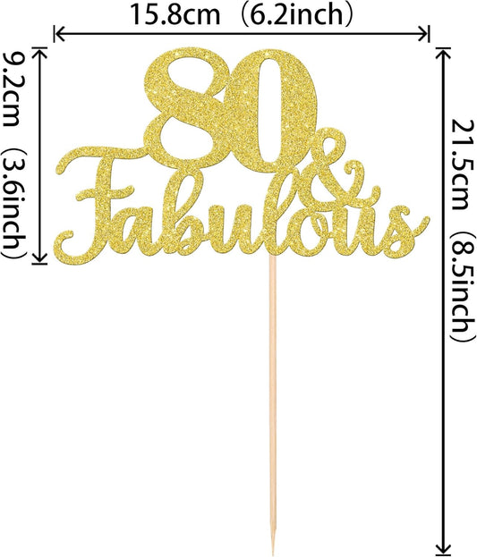 1 PCS 80 & Fabulous Cake Topper Gold Glitter 80th Birthday Anniversary Cake Pick Decoration for 80th Birthday Wedding Anniversary Party Decorations Happy 80th Birthday Cake Decorations Supplies