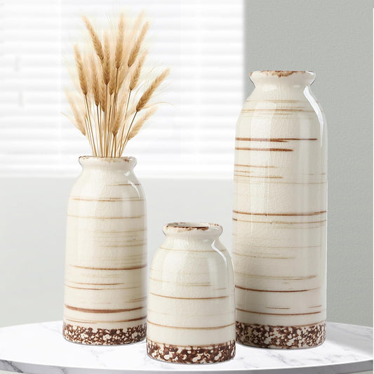 Ceramic Small Flower Vase Set of 3, Glossy Glazed Surface 8.7" Tall Table Modern Farmhouse Decorative Vase for Christmas Home Decor Bookshelf Living Room Bedroom Beige