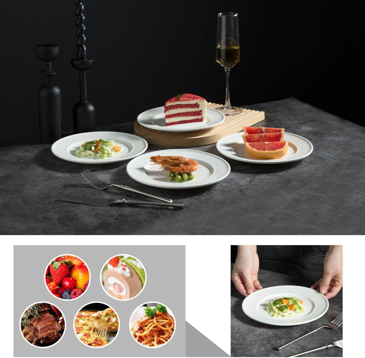 TAMAYKIM 10 Pieces 8 Inch Porcelain Salad Plates, Wide Rim Appetizer Dessert Plates, Round Dinnerware Sets, Scratch Resistant, Microwave, Oven, and Dishwasher Safe, White