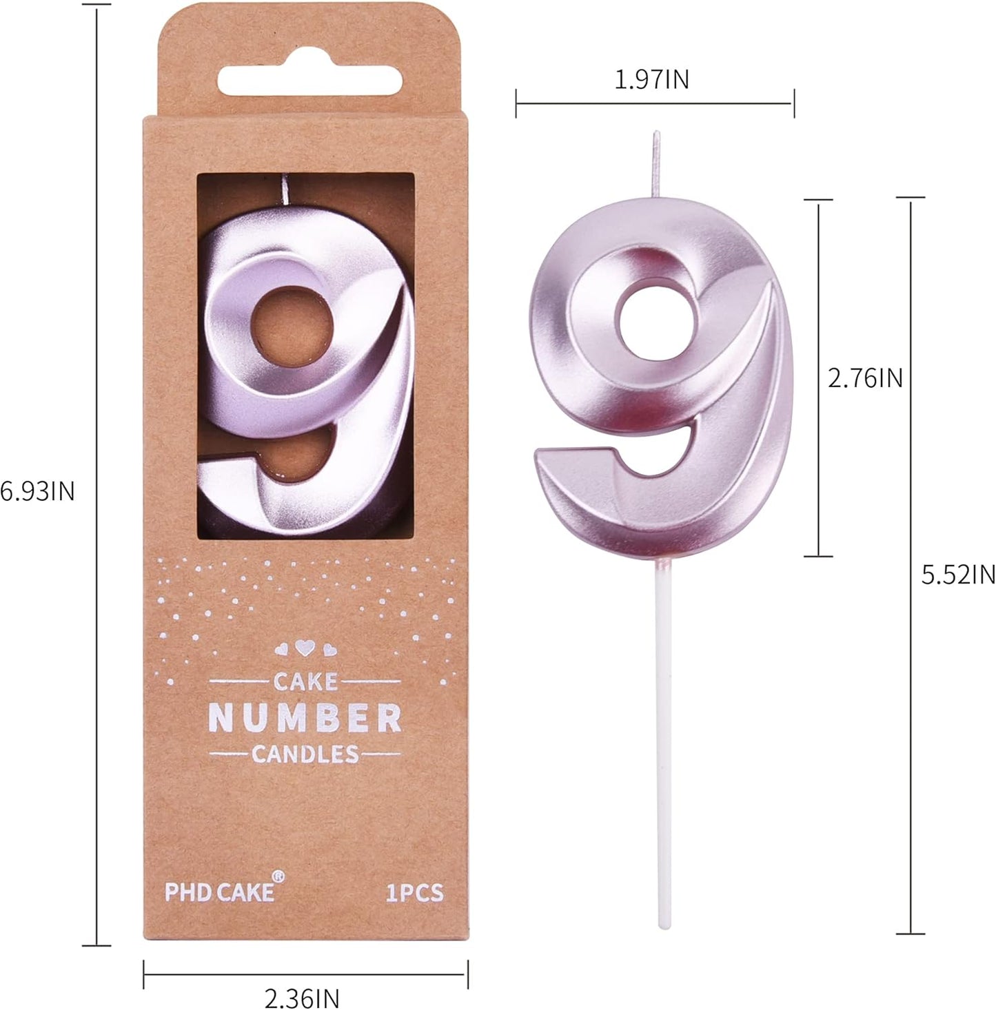 PHD Cake 2.76 Inch Diamond Rose Gold 9 Number Birthday Candles, Rose Gold & Cake Number Candles for Party Celebration