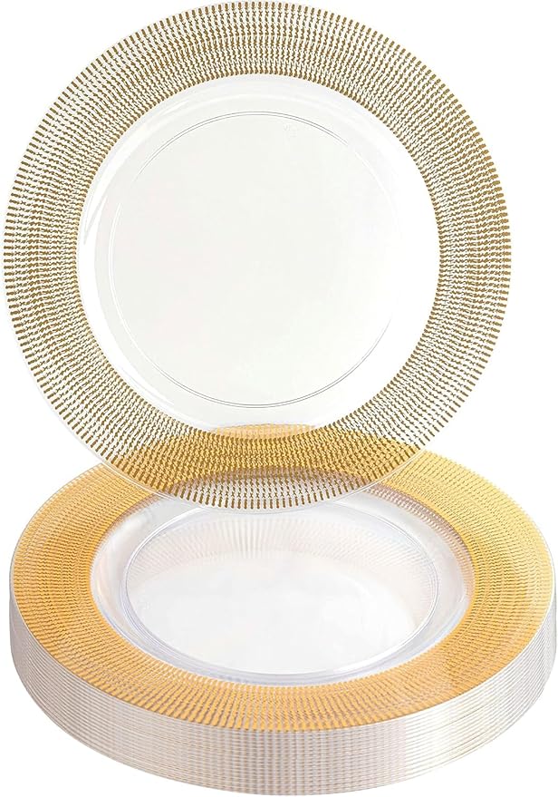 PARTY BARGAINS 13-Inch Charger Plates - 16 Pack, Clear Gold Textured Rim, Heavy-Duty Disposable Chargers for Elegant Dining - Ideal for Weddings and Formal Events