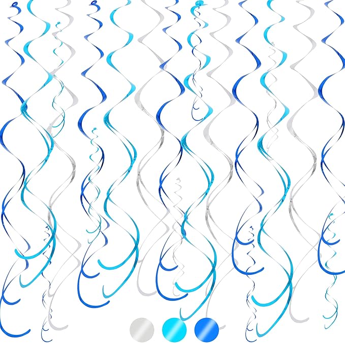 BEISHIDA Blue Blue Silver Hanging Swirls Party Decorations Plastic Streamer for Ceiling, Birthday Hanging Party Supplies, Pack of 30