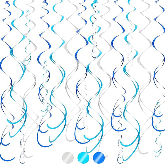 BEISHIDA Blue Blue Silver Hanging Swirls Party Decorations Plastic Streamer for Ceiling, Birthday Hanging Party Supplies, Pack of 30