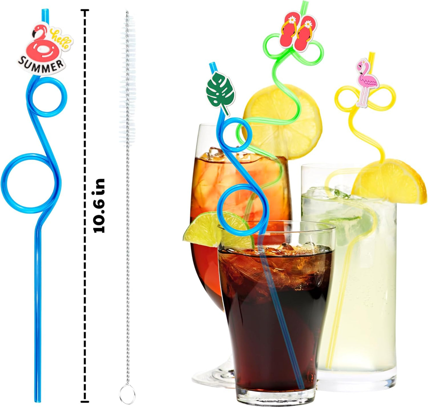 24 PCS Summer Flamingo Drinking Crazy Straws for Kids Summer Themed Flamingo Birthday Party Supplies Favors Decorations with 24 PVC Charm, 2 Cleaning Brushes Reusable Straw