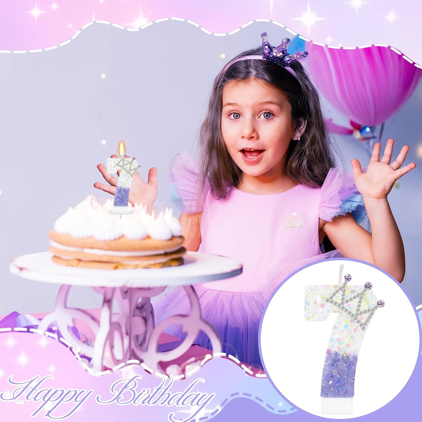 Purple White Number 7 Candle, Glitter Crown Cake Topper, Princess Birthday Party Decorations for Girls and Women Anniversary Celebrations Party Favors
