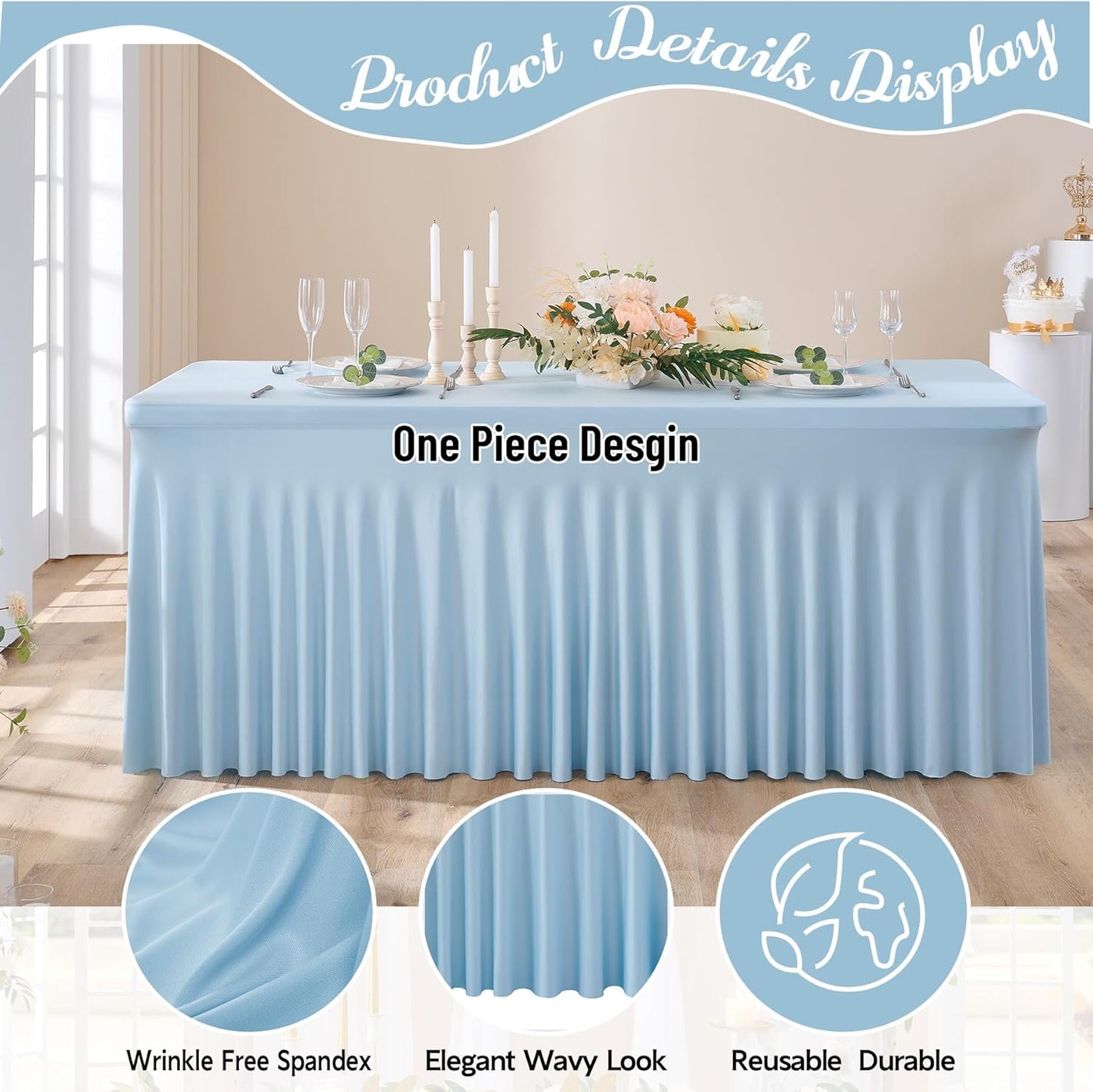 leegleri 4 Pack Blue Spandex Table Clothes for 6 Foot Rectangle Tables, Wrinkle Free Fitted Table Cover 6ft Stretch Tablecloths with Skirt for Parties Weddings Birthday Banquet Baby Shower