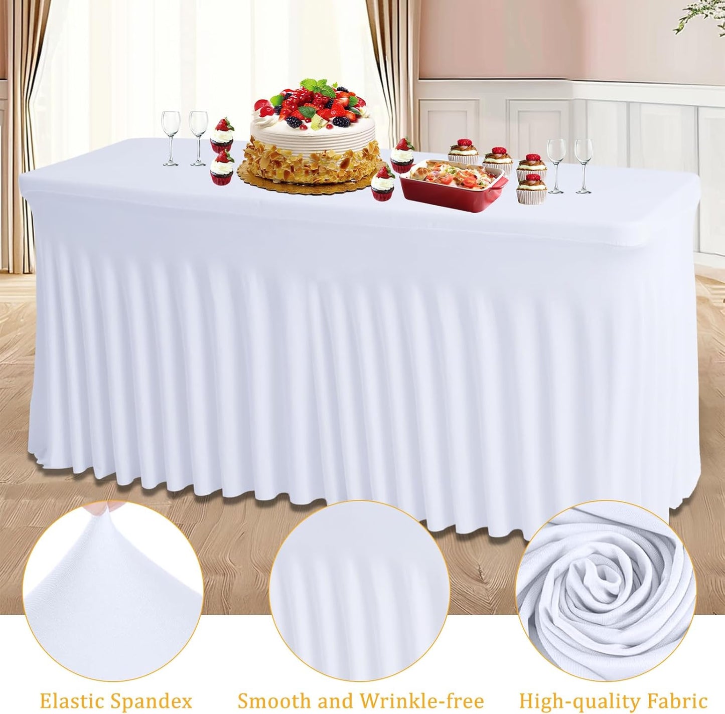 JCJ Table Skirt for Rectangle Tables Set of 2 Spandex Fitted White Tablecloths for 6FT Tables, Wrinkle Resistant Ruffles Elastic Table Cover Skirts for Teacher Desk Weddings Banquets Parties