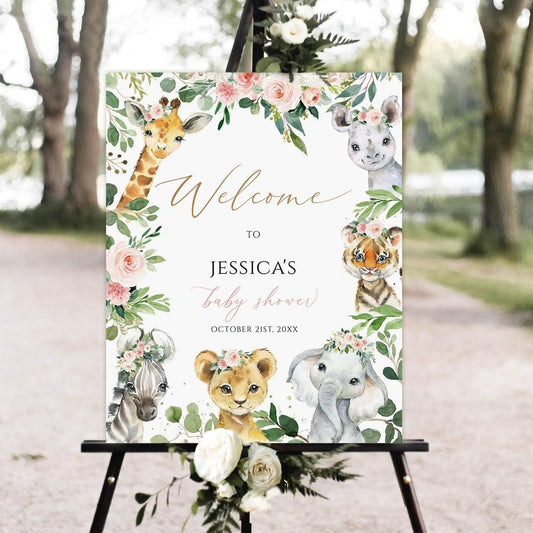 Jungle Baby Shower Welcome Sign Girl Safari Animals Baby Shower Sign Welcome Safari Sign Greenery Floral Baby Shower Printable Décor