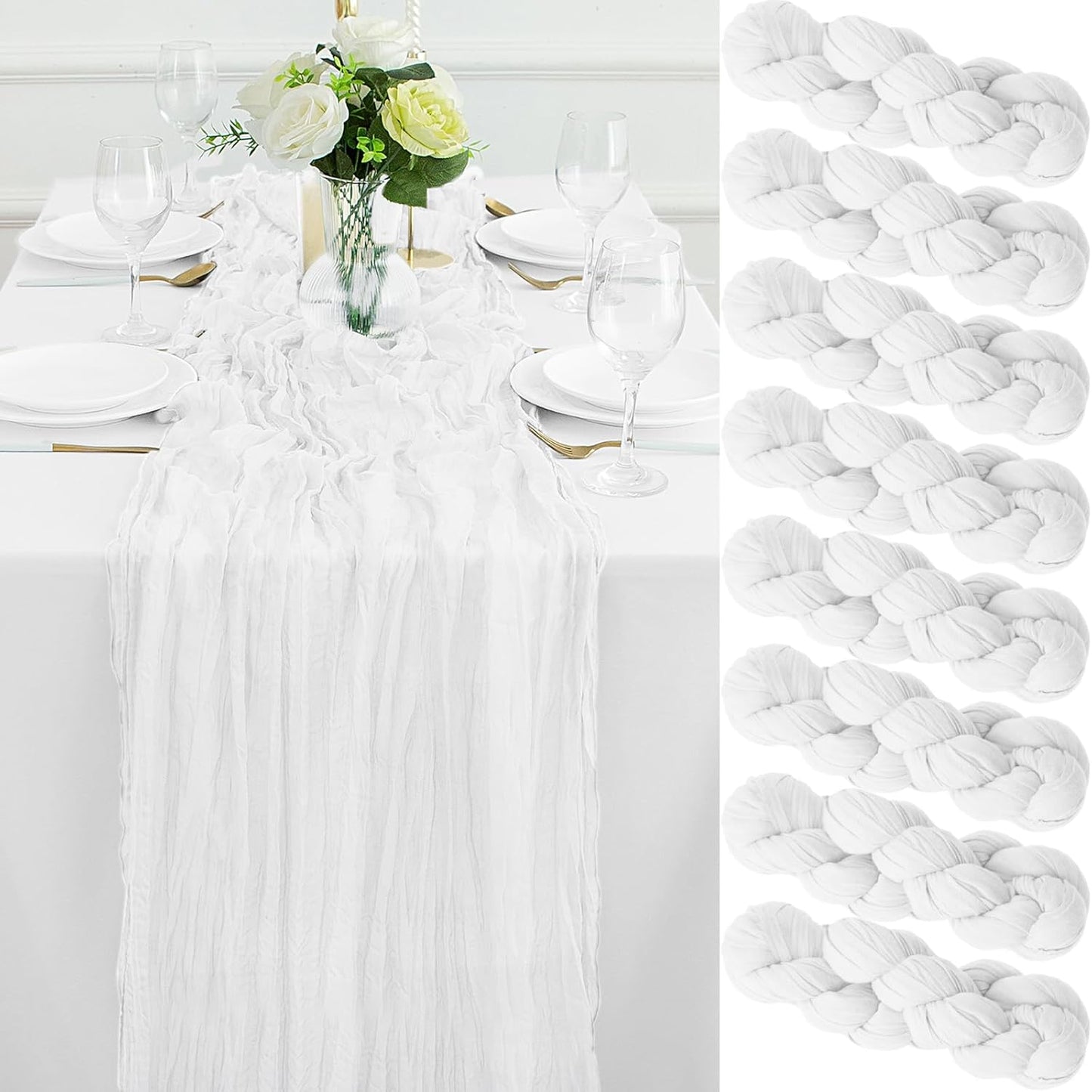 8Pack White Table Runner 10FT Cheesecloth Table Runner 35x120Inch Long Boho Cheese Cloth Table Runners Rustic Gauze Table Runners for Party Wedding Bridal Shower Baby Shower Decorations