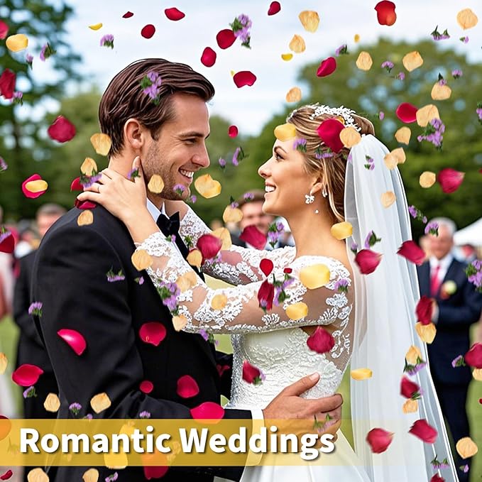 20+ Cups Real Dried Rose Petals Biodegradable Wedding Flower Confetti, 2 QT Mixed Yellow Red Roses Petals &Purple Statice for Flower Girl Wedding Bridal Proposal Bath