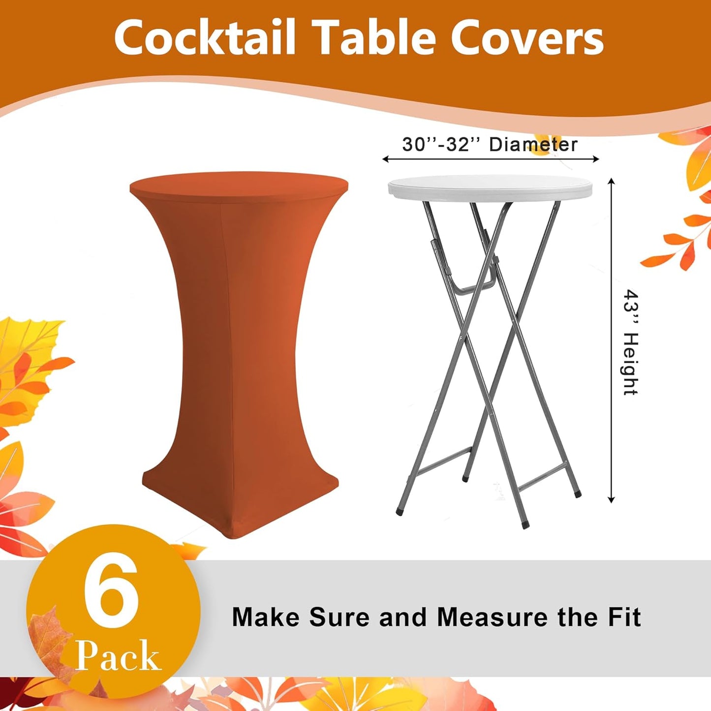 Cocktail Table Covers-Spandex Round High Top Table Cloths 6 Pack 32x43 Inch-Rust Stretch Fitted Bar Tall Tablecloth for Pub Bistro Highboy Party Event Banquet Height Folding Satnding Tables
