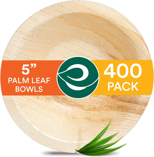 ECO SOUL Palm Leaf Bowl 400 pc, Small 5" (8 Oz) | Round Like Bamboo Bowls, Compostable, Biodegradable, Disposable Palm Leaf Bowls Eco-friendly | Sturdy, Microwave & Oven Safe