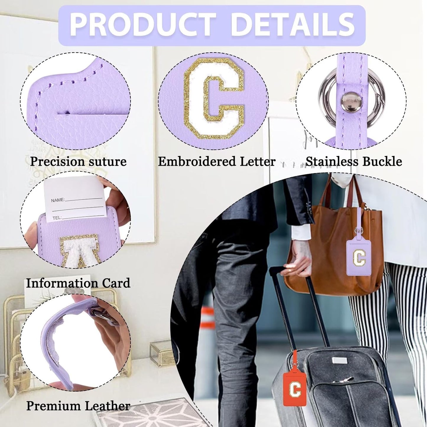 Personalized Initial Luggage Tags for Suitcases, Leather Chenille Letter Cute Luggage Tags with Privacy Name Card, Embroidered Travel Bag Backpack Tags Gifts for Women Kids Girls Teens(Purple-C)