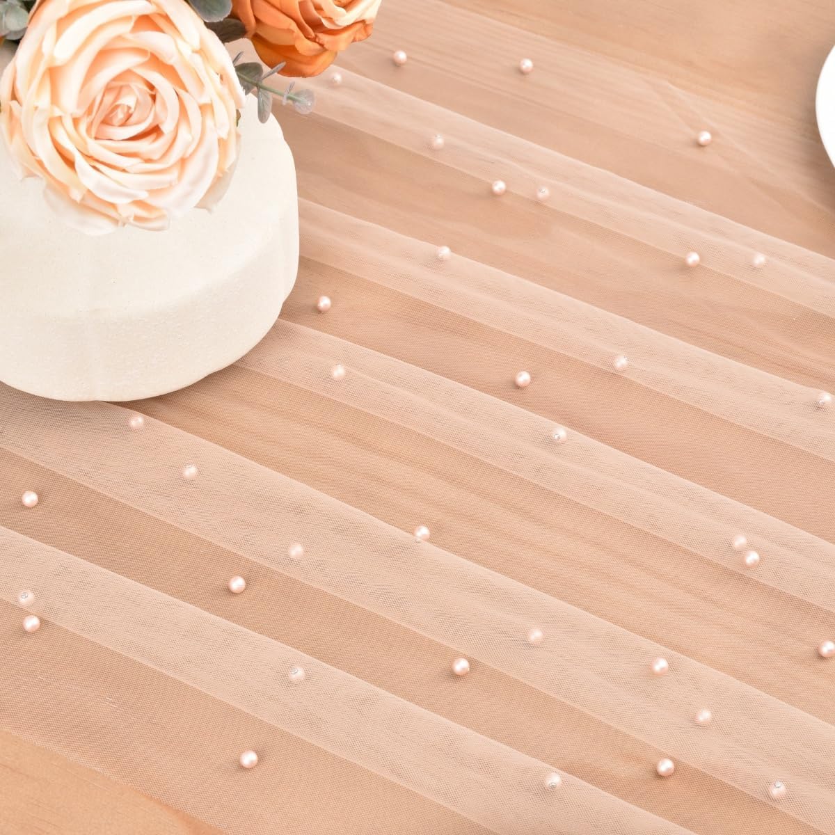 Nude Pearl Fall Thanksgiving Table Runner Boho Rustic Tulle Lace Table Runner for Baby Shower Wedding Arch Decor Veil Dessert Table Decor 3pcs