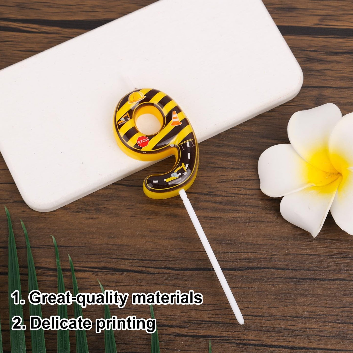Construction Birthday Number Candles, Yellow & Black Striped Cake Topper Building Theme Party Decorations for Graduation Anniversary Celebration (Number 9)