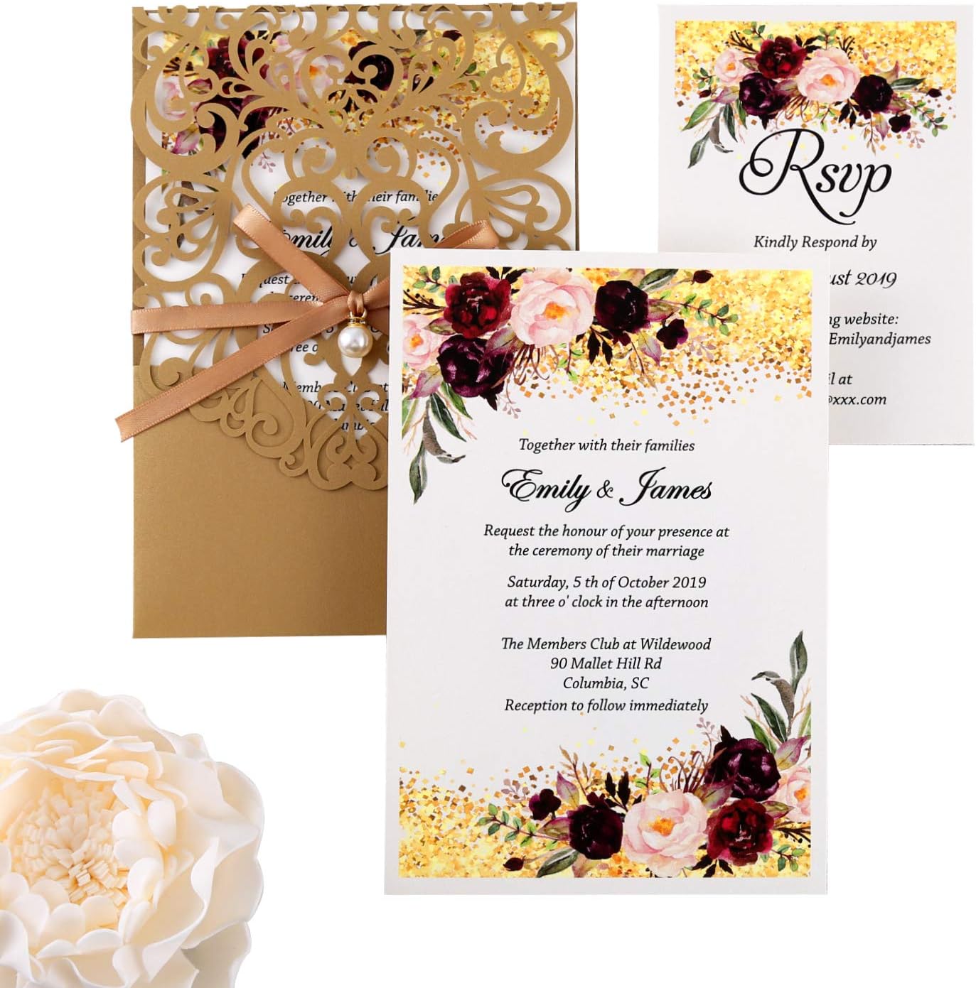 5X7.2 Inch 50PCS Personalized Laser Cut Gold Wedding Invitations With Rsvp Cards And Envelopes And Ribbon Belly Band Pearl Embellishments Wedding Invitation Cards For Wedding Invite