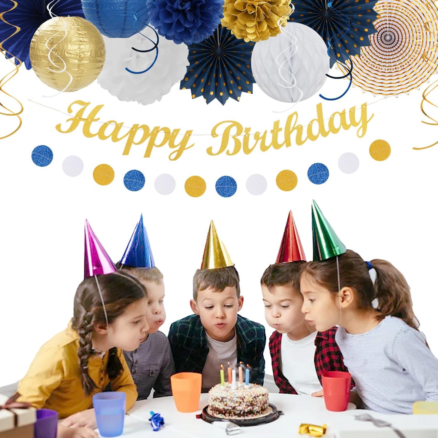 Navy-Blue White Gold Birthday Party-decorations - 21pcs Men Boys Adult Happy Banner Garland, Royal Paper Streamers Lanterns,Flower Tissue Pom Poms Fan Supplies, Wall Backdrop Decor Huglony