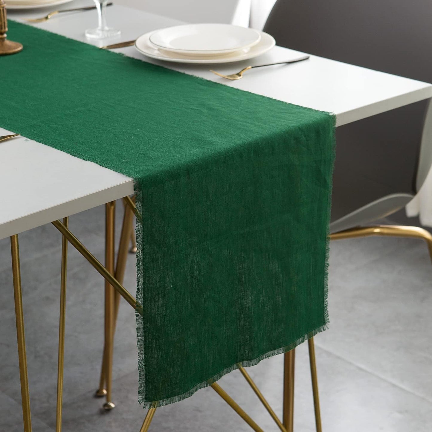 Christmas Table Runner with Fringe- 14x90 Inch Green, 100% Pure Linen Christmas Runner for Table, Green Table Runner for Winter – Machine Washable, Handmade