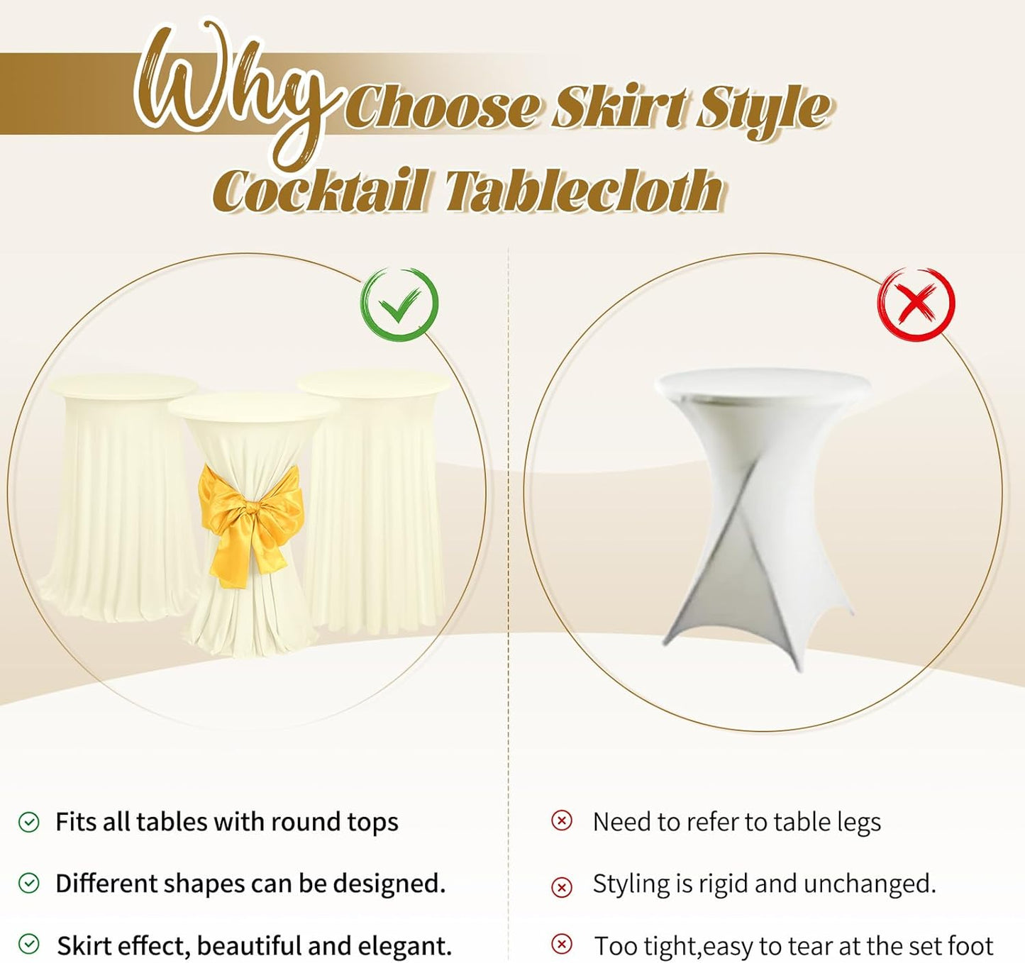 3 Packs Cocktail Table Covers Beige Round Bar Table Cloth Off White 32"x 43" Spandex Stretch High Top Table Covers with Wavy Drapes Fitted High Top Table Cloth for Party Wedding Banquet Bar Table