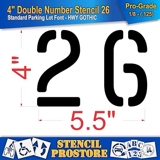 Pavement, Curb, and WheelStop Stencils - 4 inch Double Number Stencil - (26) - 4" x 5.5" x 1/8" (128 mil) - Pro-Grade