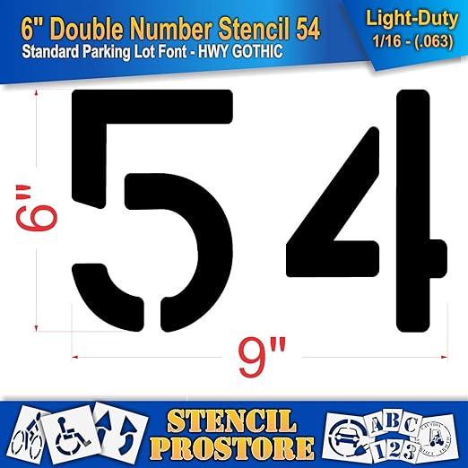 Pavement, Curb, and WheelStop Stencils - 6 inch Double Number Stencil - (54) - 6" x 9" x 1/16" (63 mil) - Light-Duty