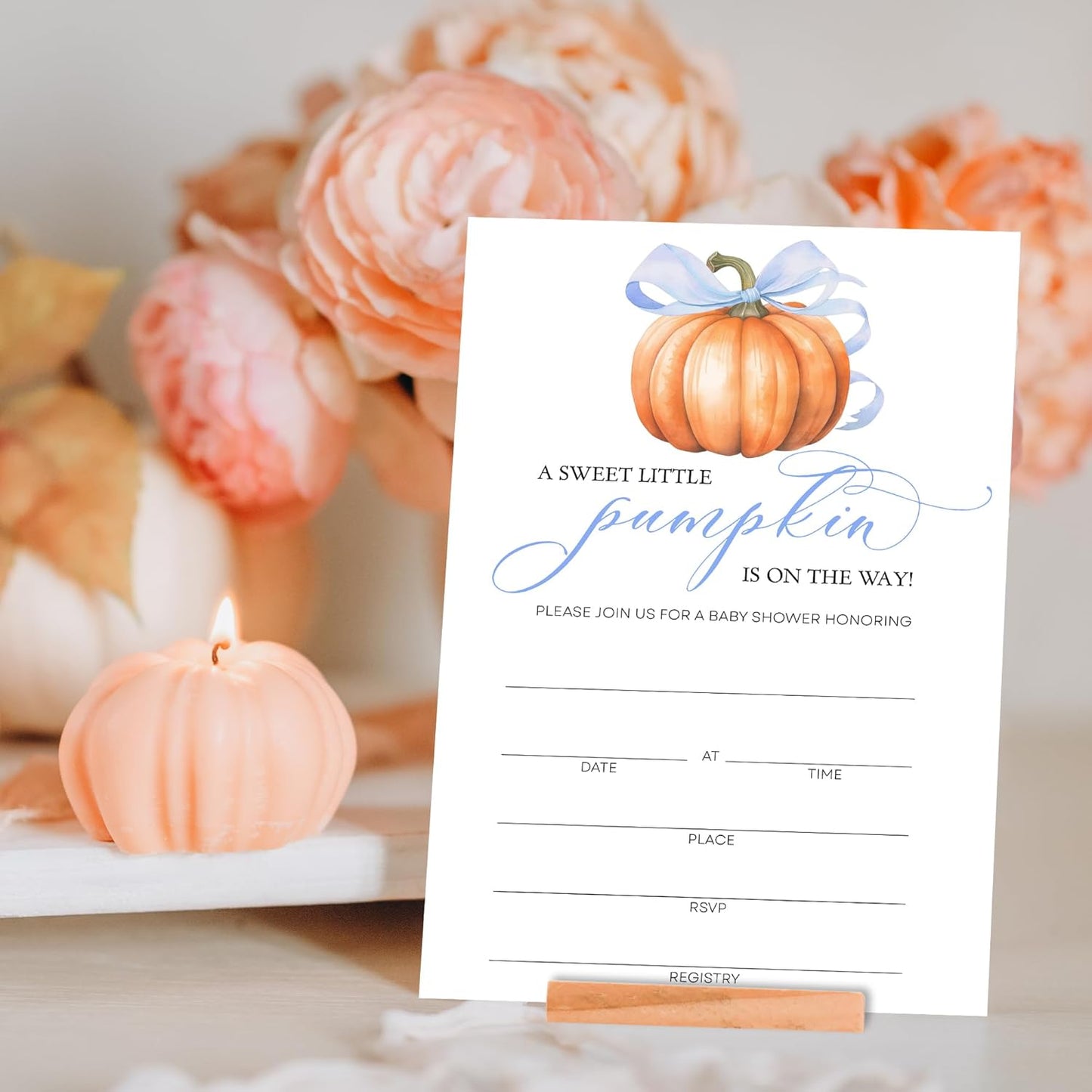 Blue Pumpkin Baby Shower Invitations - “A Sweet Little Pumpkin Is On The Way” Design with Envelopes And RSVP Cards - 20Pcs Fill In Baby Shower Party Cards(4 x 6 Inch) (043)