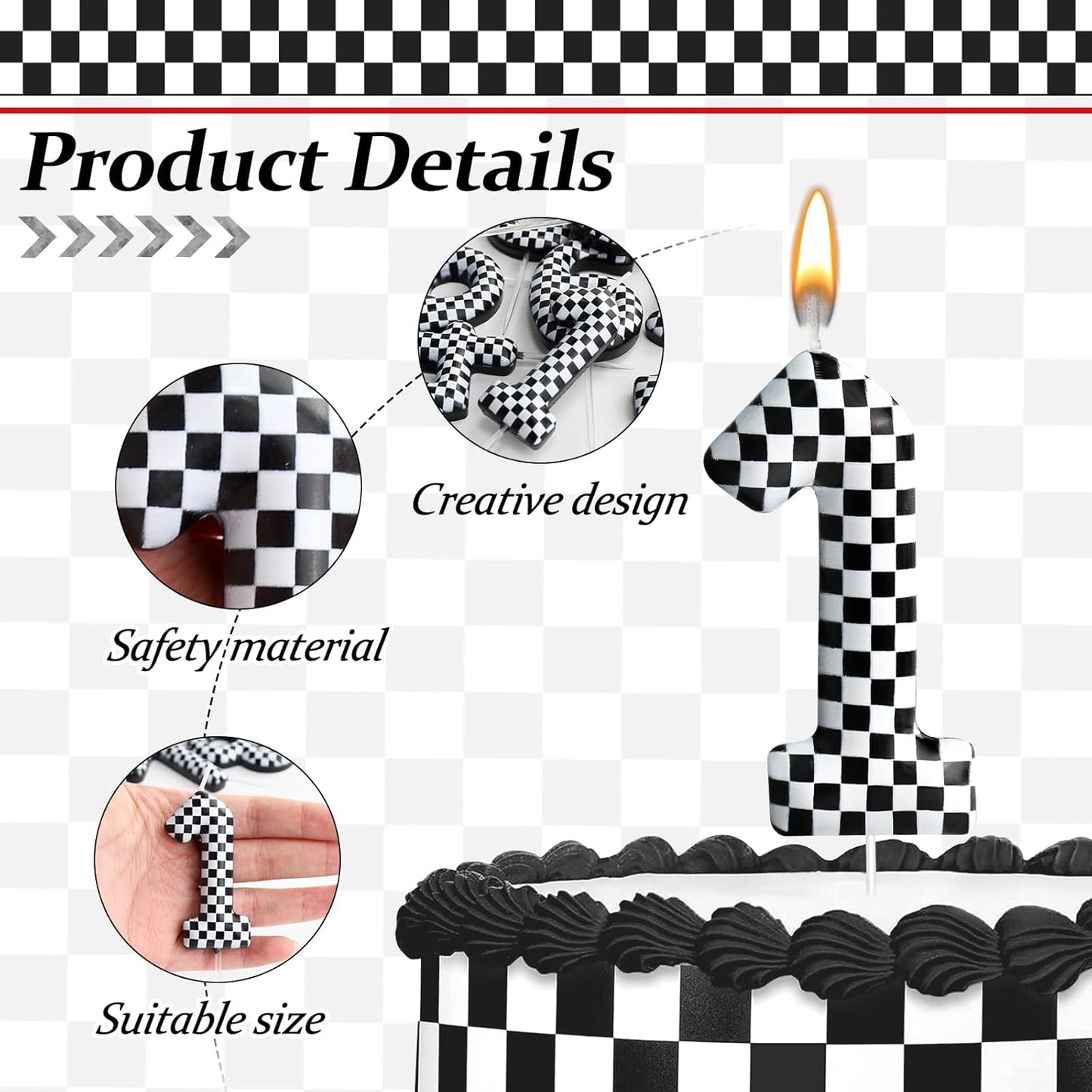 Racing Cars Themed Birthday Candle Number 1 Checkered Candle Birthday Party Decoration Cake Topper for Racing Car Party Decoration Theme Party Supplies (Number 1)