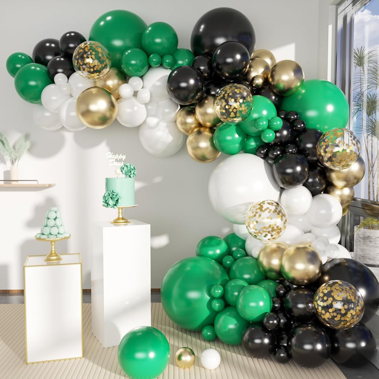 Green Black White Metallic Gold Balloons Garland Arch Kit, 146 Pcs Lime Dark Green Matte Black Confetti Gold Balloons for Graduation Football Soccer Army Birthday Party Decorations