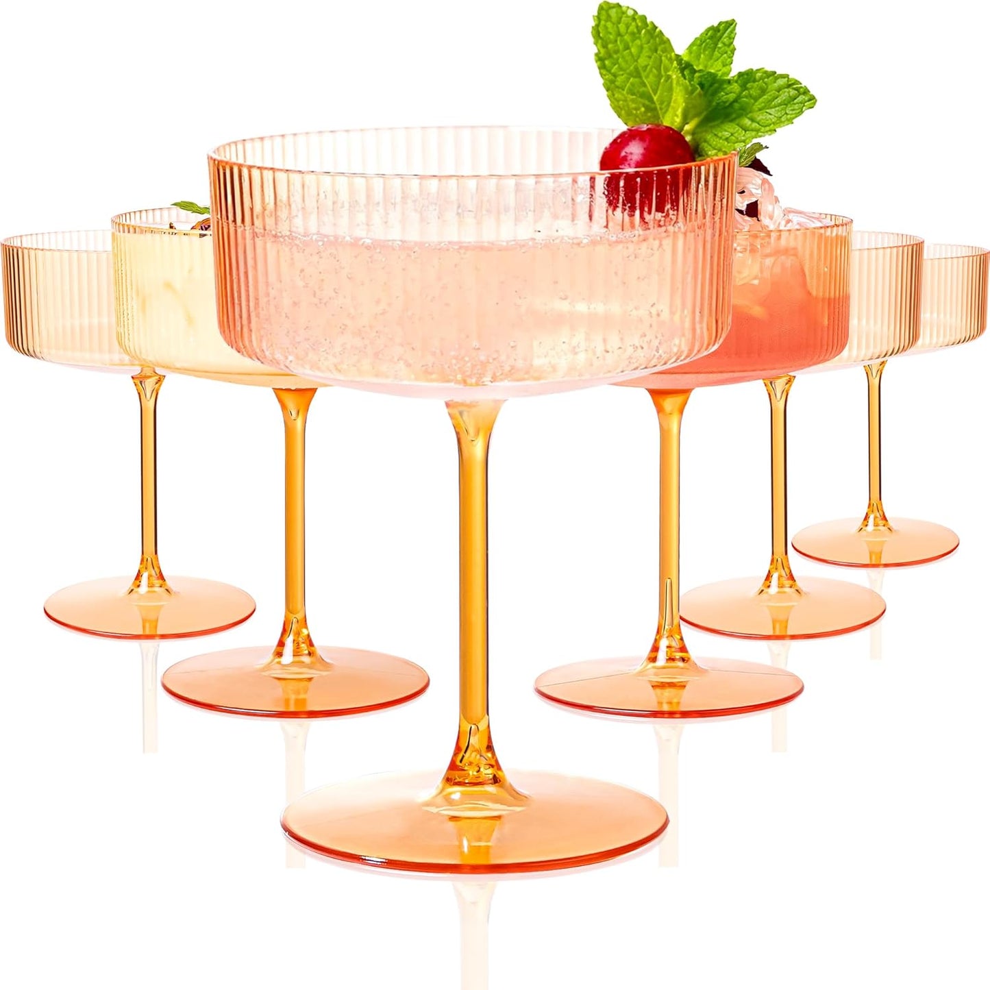 Ciaell 12PCS Plastic Ribbed Martini Glasses - 10 Oz Amber Disposable Coupe Glasses with Stem - Heavy Duty Margarita Cups for Bars, Cocktails, Whiskey, Parties & Wedding & Thanksgiving