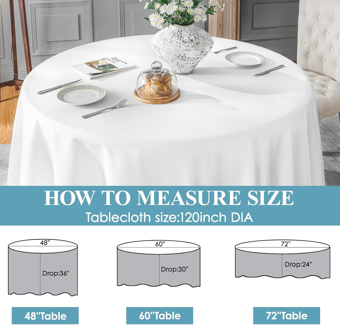 Vidafete 10 Pack 120inch Round Tablecloth Polyester Table Cloth，Stain Resistant and Wrinkle Polyester Dining Table Cover for Kitchen Dinning Party Wedding Rectangular Tabletop Buffet Decoration(White)