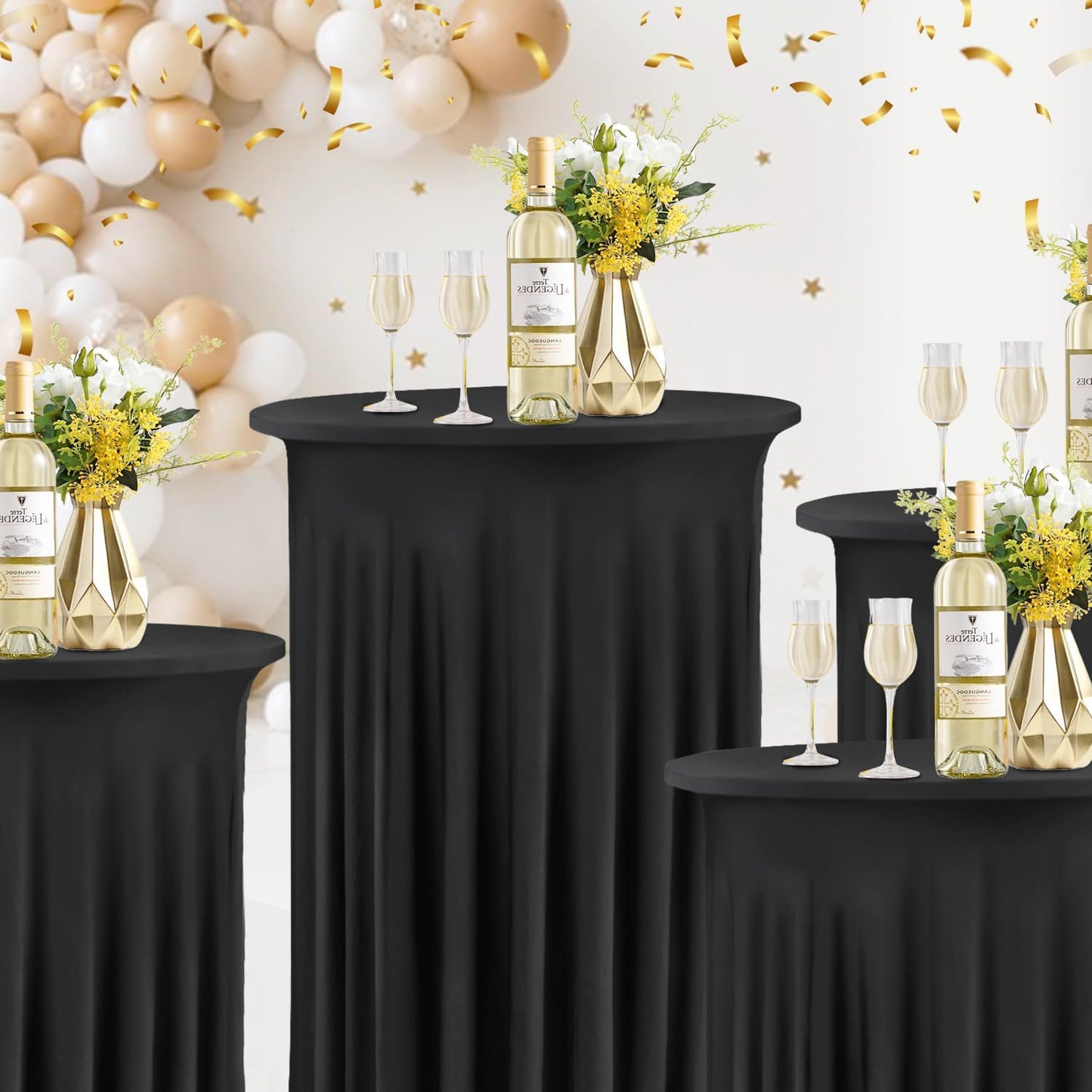 Spandex Cocktail Table Skirt 32x43 Inch Stretch Cocktail Table Cover Round CocktailTablecloth with Wavy Drapes Spandex Fitted High Top Table Covers for Wedding, Banquets and Party (Black, 4 Pack)