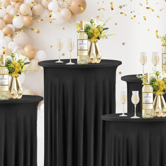 Spandex Cocktail Table Skirt 32x43 Inch Stretch Cocktail Table Cover Round CocktailTablecloth with Wavy Drapes Spandex Fitted High Top Table Covers for Wedding, Banquets and Party (Black, 4 Pack)
