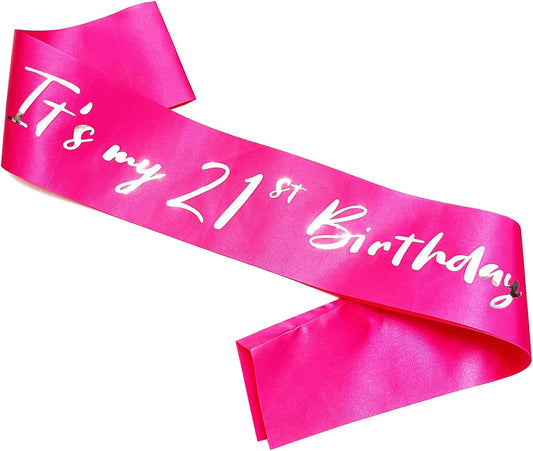 21st Birthday Sash, Hot Pink Satin Soft Sashes with Silver Foil Letter, Birthday Decorations for Girls, Happy 21st Birthday Party Favor Supplies,Pink Silver