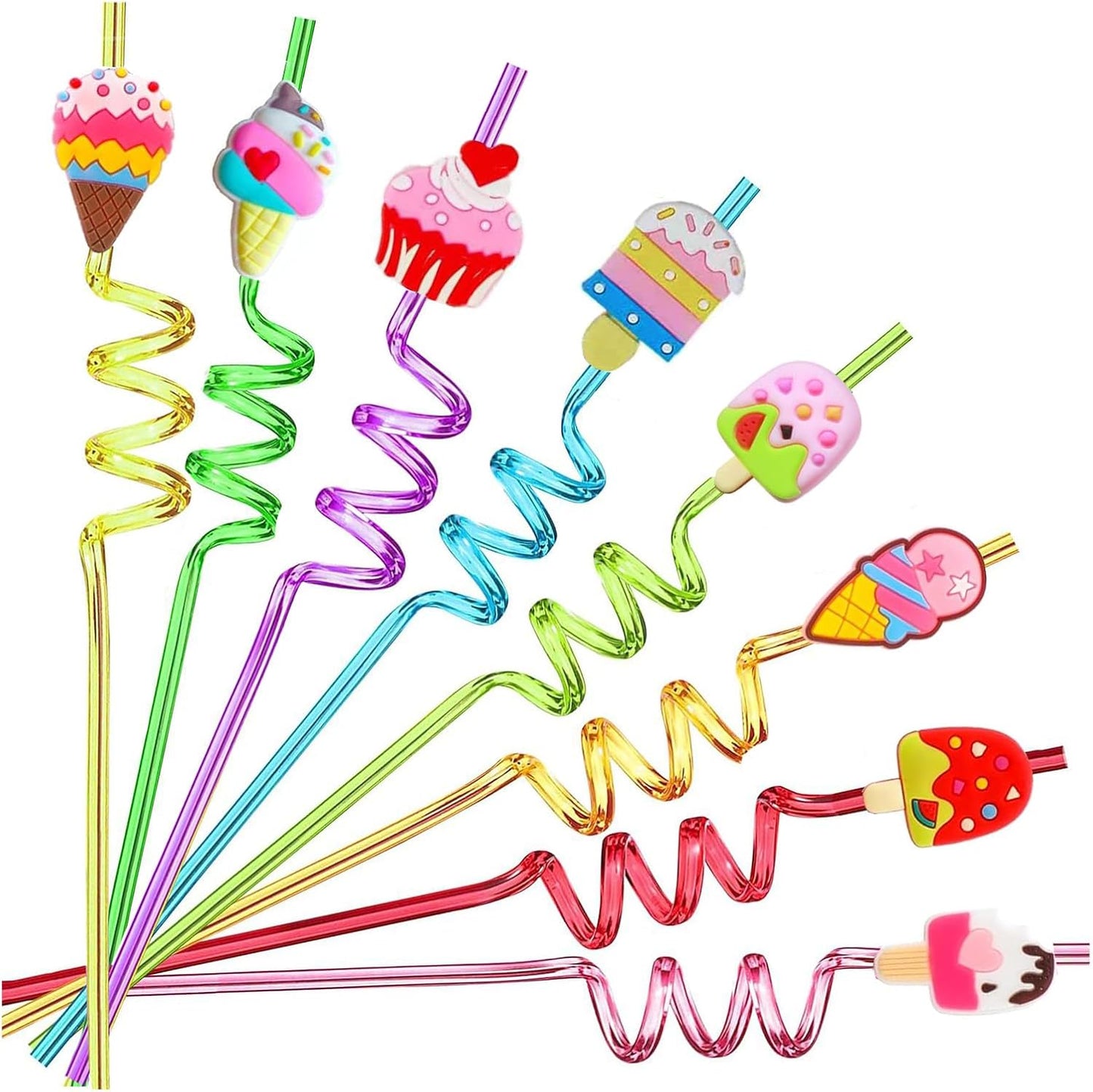 24 PCS Straws for Birthday Party Supplies Ice Cream Drinking Straws with 2 PCS Cleaning Brushes (Ice Cream)