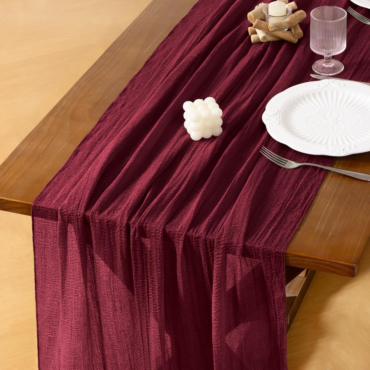 Socomi 6pcs Burgundy Gauze Cheesecloth Table Runner 120 Inch Rustic Boho Cheese Cloth Runner for Wedding Party Baby Bridal Shower Centerpiece Decoration Holiday Home Decorations