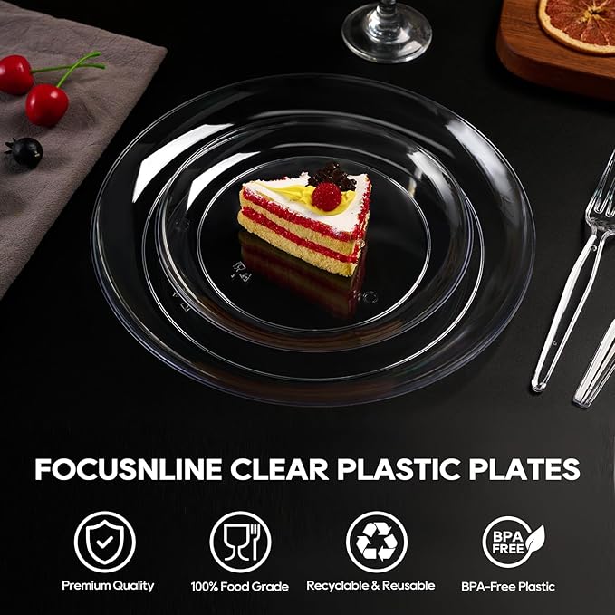 FOCUSLINE 100 Count Clear Plastic Plates 10 Inch, Disposable Dinner Plates Heavy Duty- Premium Clear Hard Plastic for Weddings, Parties and Events