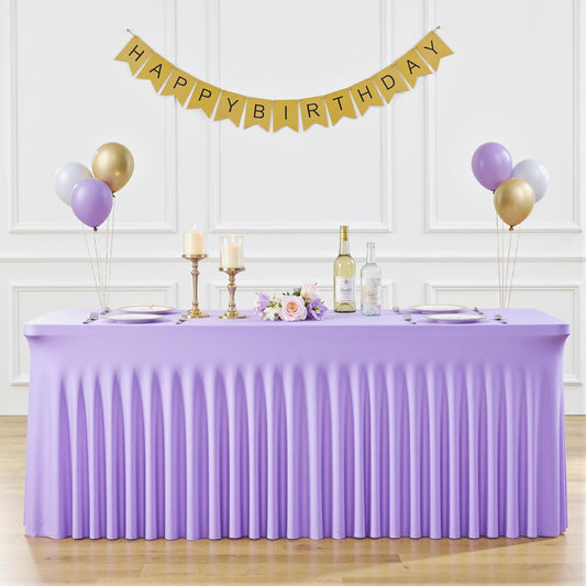 8ft Lavender Spandex Table Cloths for Rectangle Tables Wrinkle Free Lilac Light Purple Rectangle Tablecloths Stretch Fitted Table Cover with Skirt for Birthday Party Wedding Banquet Baby Shower Buffet