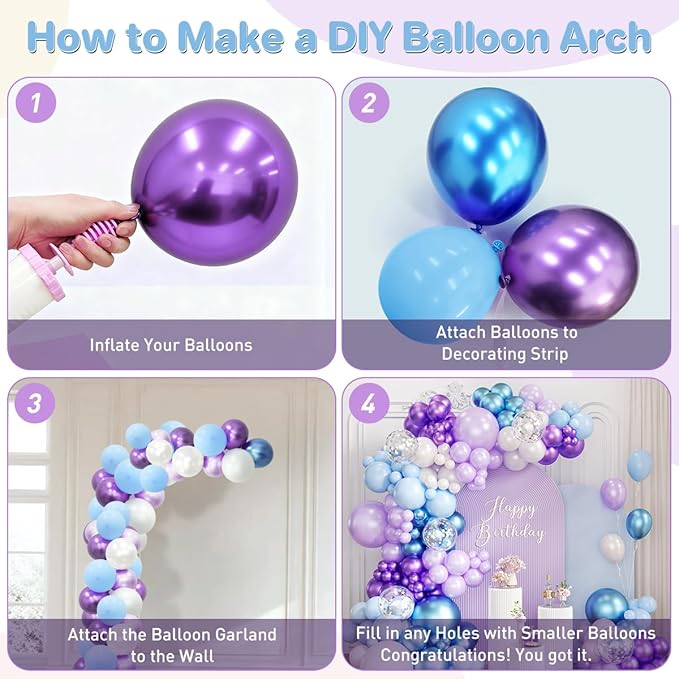 Blue Purple White Balloon Garland Arch Kit, 167Pcs Latex Balloons Different Sizes 18 12 10 5 inch for Girl Princess Winter Wonderland Birthday Baby Shower Party Decorations