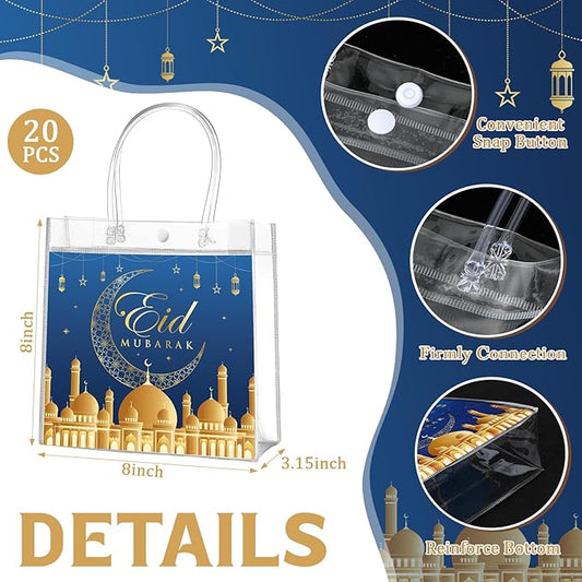 Aliceset 20 Pcs Eid Mubarak Gift Bags with Handles Clear Ramadan Goodie Bags for End of Ramadan Eid Mubarak Party Treats Candy Favors Supplies Decoration, 8x8x3.15 inches